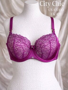 City Chic Lace Bra 42DDD 42E Magenta Balconette Demi Underwire Plus Size NWT